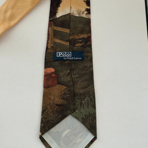 Polo By Ralph Lauren Golf Scene Neck Tie Gold Multicolor Silk Hand Made USA VTG - Picture 12 of 16